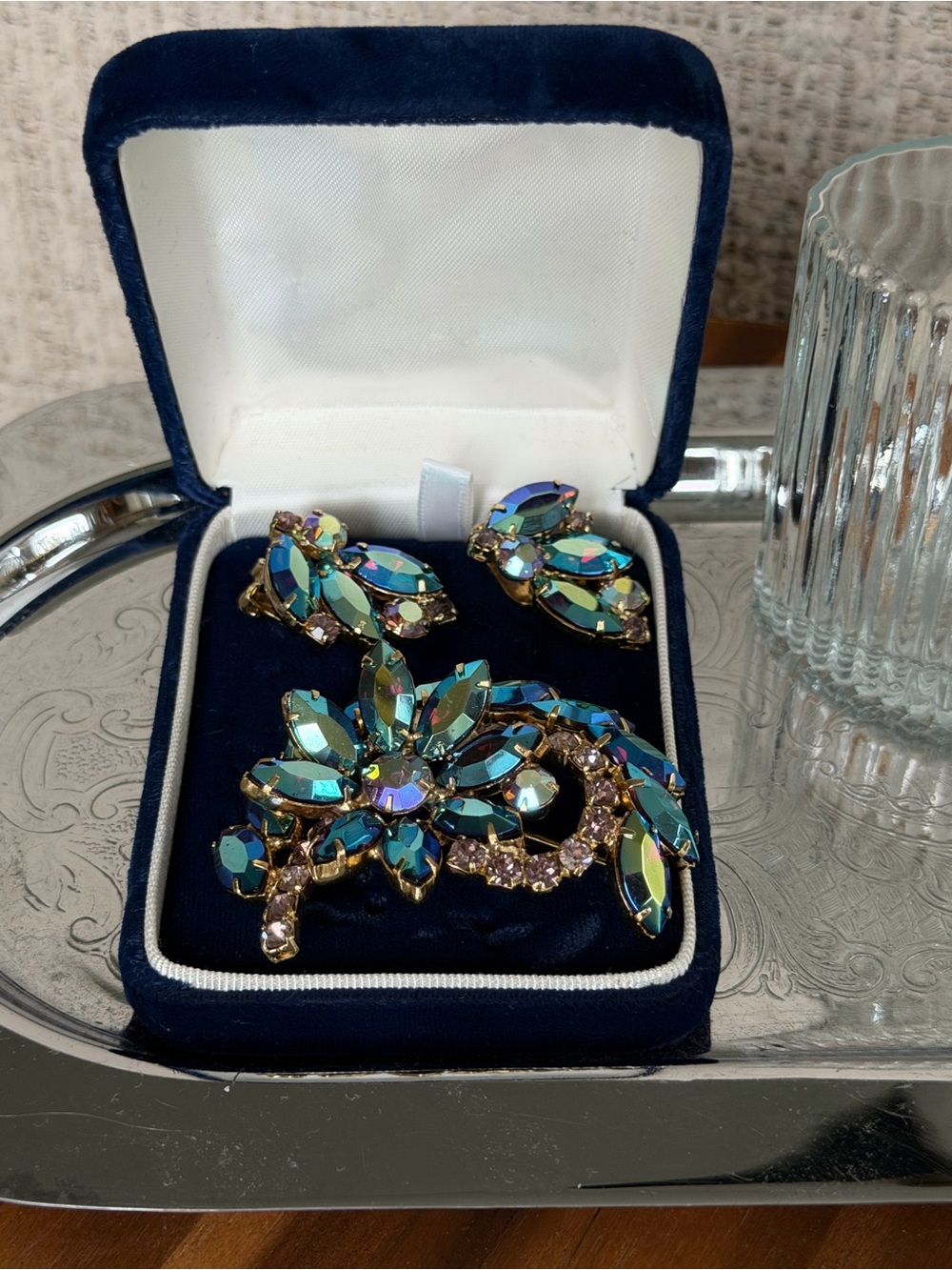 Aurora Borealis Blue-Green Crystal Floral Brooch and Earring Set - Unbranded